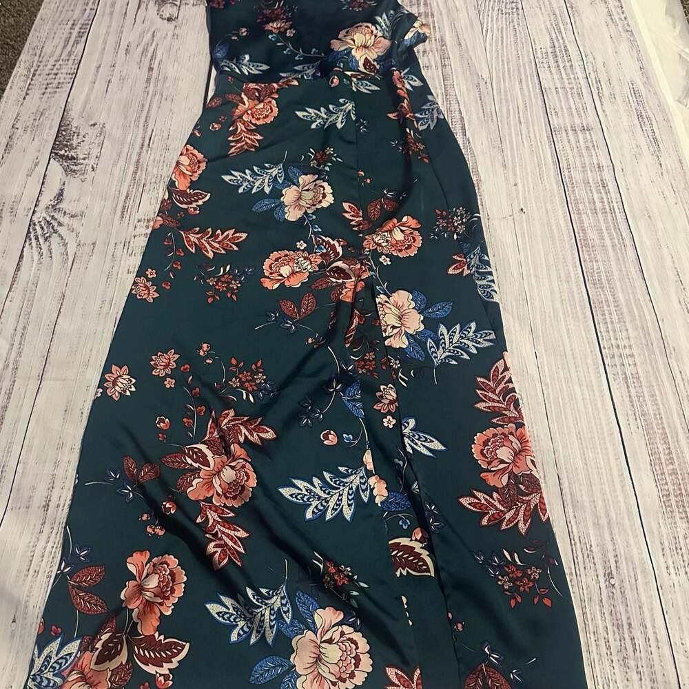 Aigeman Navy Soft Floral Satin Midi Dress with Front Slit and Cowl Neck - XS